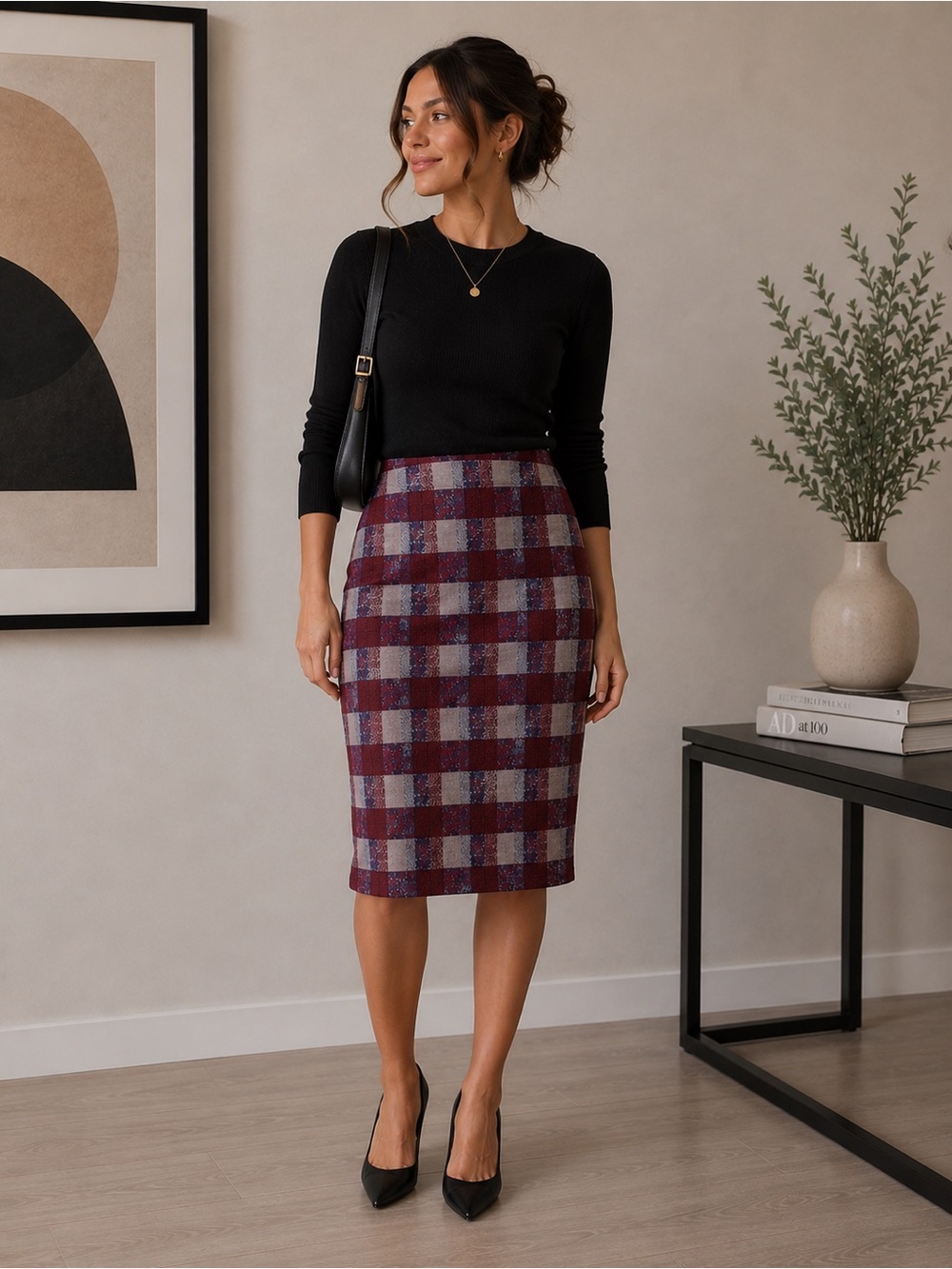 Topshop Red and Blue Plaid Pencil Skirt